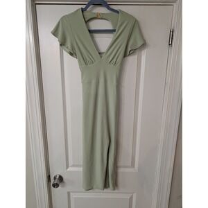 AYM Hyde Midi Dress Sage Green Flutter Sleeve Lace Up Back Size XS